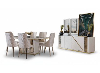 Beige stainless steel dining room set designer dining table x6 chairs sideboard