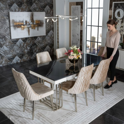 Black and white dining room glass table designer fabric chairs dining room furniture