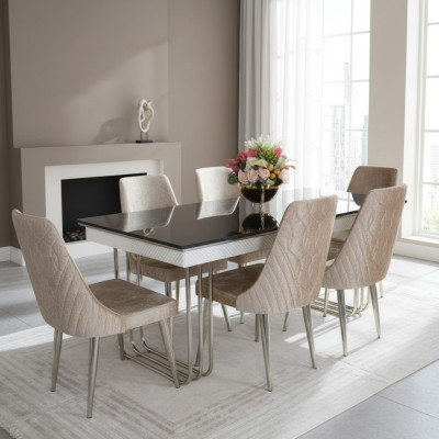 Black and white dining room glass table designer fabric chairs dining room furniture