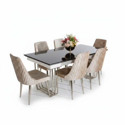 Black and white dining room glass table designer fabric chairs dining room furniture