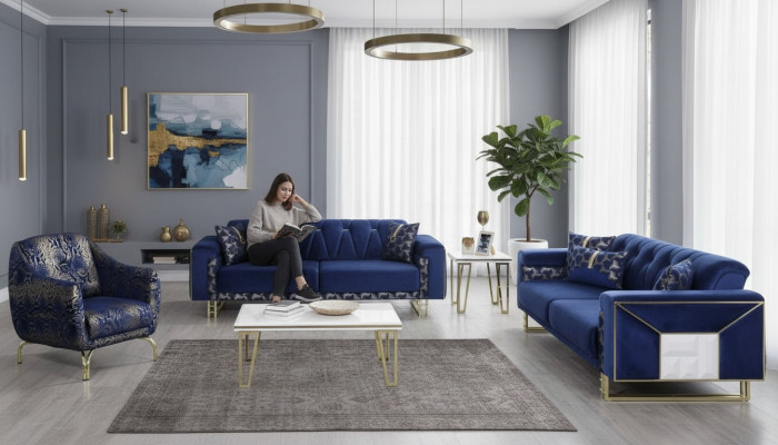 Luxury Blue Sofa Set Designer Three-Seater Coffee Table Side Table