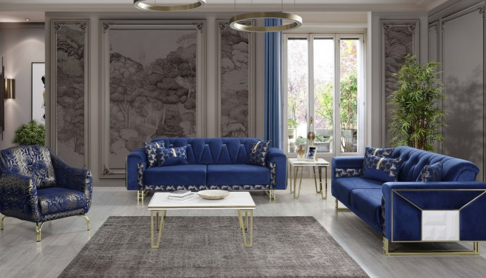 Luxury Blue Sofa Set Designer Three-Seater Coffee Table Side Table