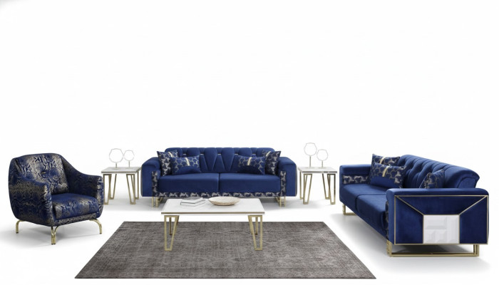 Luxury Blue Sofa Set Designer Three-Seater Coffee Table Side Table