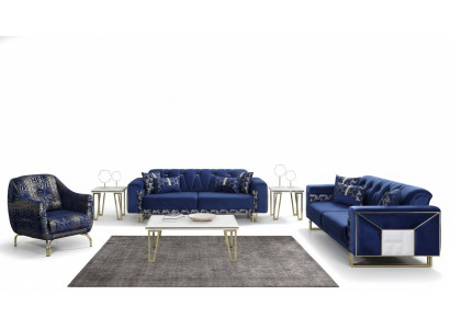 Luxury Blue Sofa Set Designer Three-Seater Coffee Table Side Table