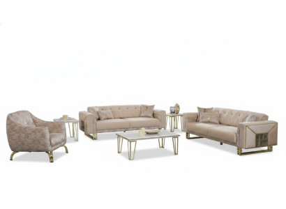 Complete beige seating set for living room: sofas, luxury armchair, coffee table