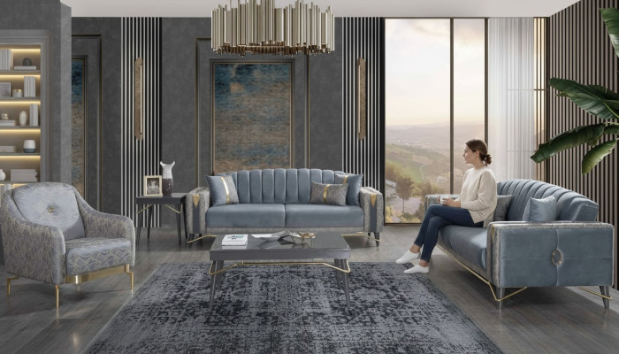 Luxurious Grey Chesterfield Upholstered Sofa Set Living Room 3-Seater Textile Armchair