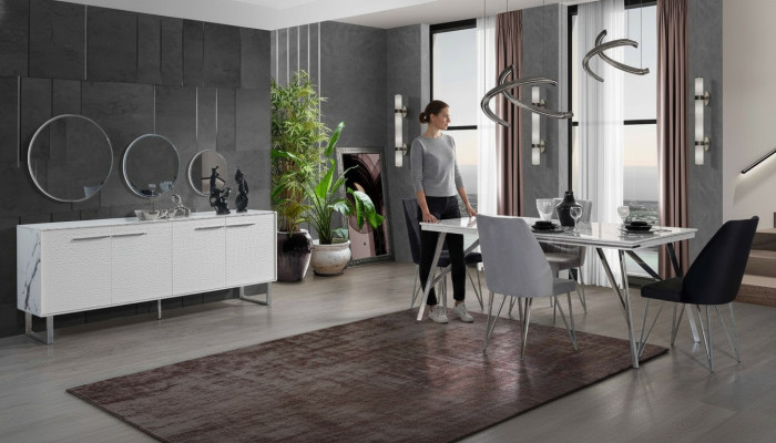 Gray-White Dining Room Furniture Sideboard Dining Table Luxurious Upholstered Chairs