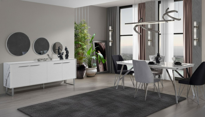 Gray-White Dining Room Furniture Sideboard Dining Table Luxurious Upholstered Chairs