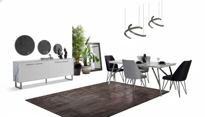 Gray-White Dining Room Furniture Sideboard Dining Table Luxurious Upholstered Chairs