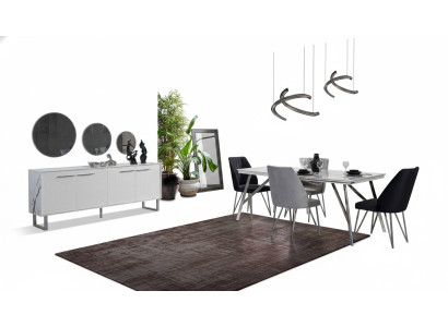 Gray-White Dining Room Furniture Sideboard Dining Table Luxurious Upholstered Chairs