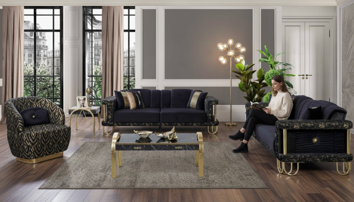 Exclusive living room upholstered sofa set x2 fabric sofas 1-seater 3-piece set