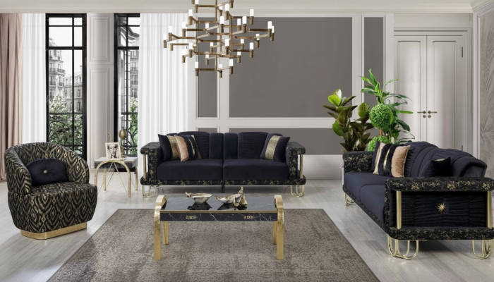 Exclusive living room upholstered sofa set x2 fabric sofas 1-seater 3-piece set