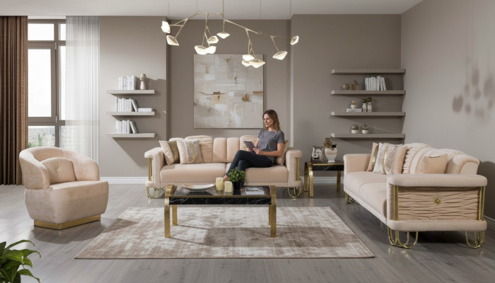 Living room beige sofa set three-seater couch designer armchair group