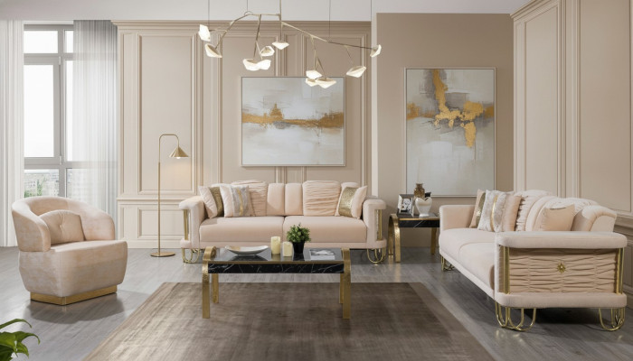 Living room beige sofa set three-seater couch designer armchair group