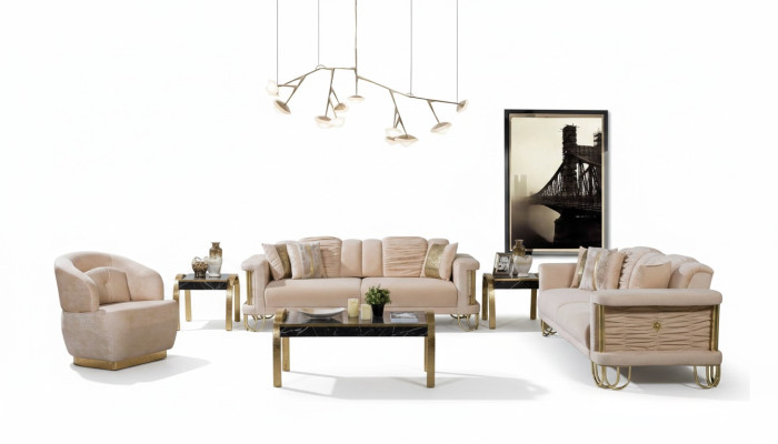 Living room beige sofa set three-seater couch designer armchair group