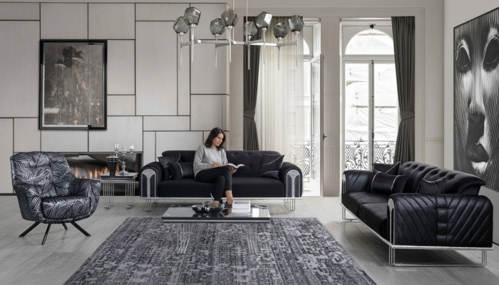 Black-Gray Living Room Seating Set 3-Seater Armchair Sofa Suite 3-piece