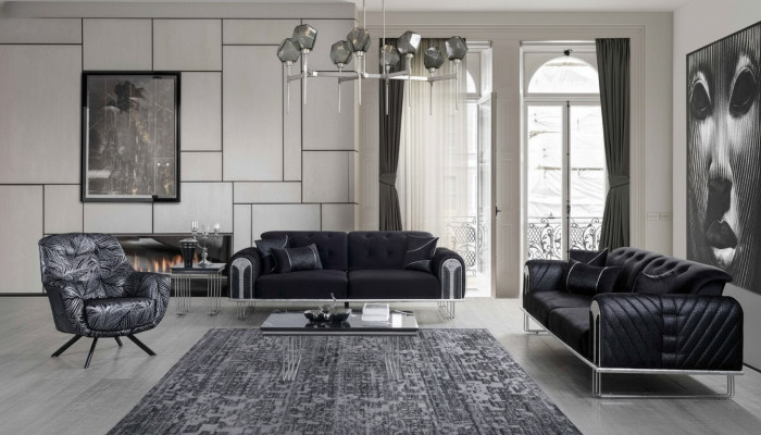 Black-Gray Living Room Seating Set 3-Seater Armchair Sofa Suite 3-piece