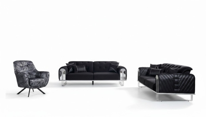 Black-Gray Living Room Seating Set 3-Seater Armchair Sofa Suite 3-piece
