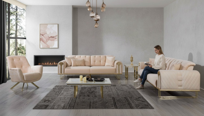 Modern beige living room sofa set x2 3-seater upholstered armchair 3-piece set