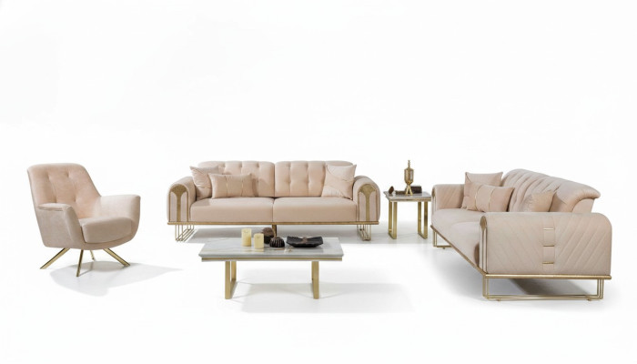 Modern beige living room sofa set x2 3-seater upholstered armchair 3-piece set