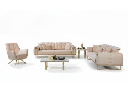 Modern beige living room sofa set x2 3-seater upholstered armchair 3-piece set