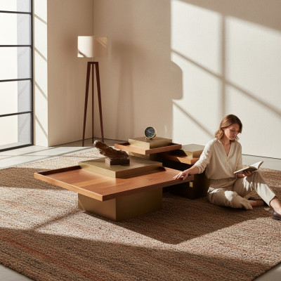 Modern brown coffee table set living room wood coffee table luxury set