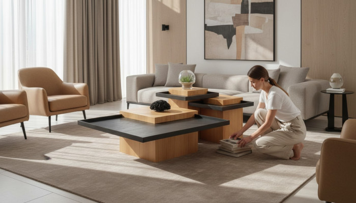 Brown-Black Living Room Coffee Table Set 3x Coffee Tables Wood Furniture