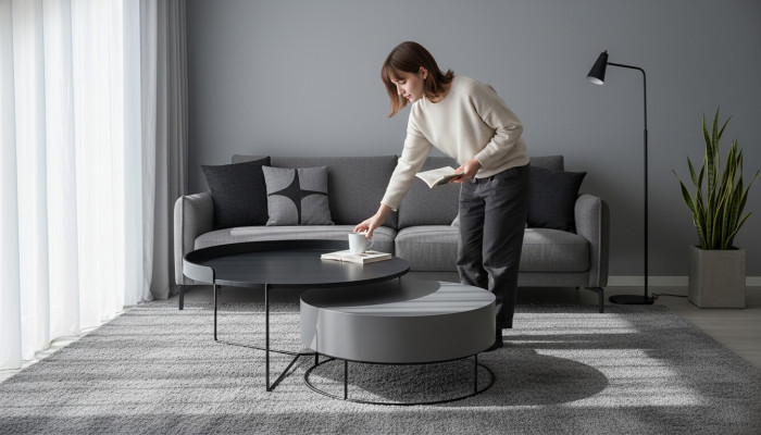 Round Set 2x Coffee Table Gray Coffee Table Side Table Living Room Tables