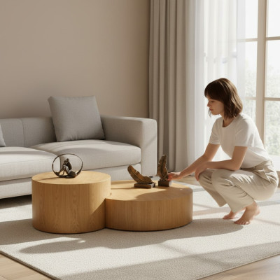 Light brown coffee table, set of 2 round tables, designer coffee table, side table