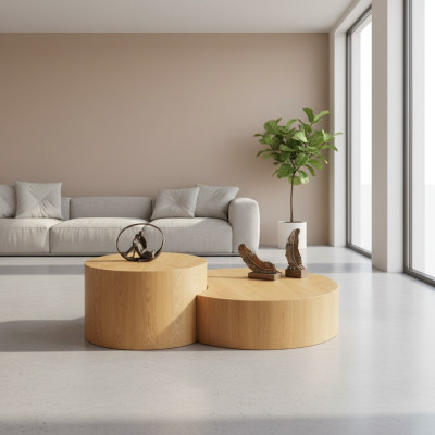 Light brown coffee table, set of 2 round tables, designer coffee table, side table