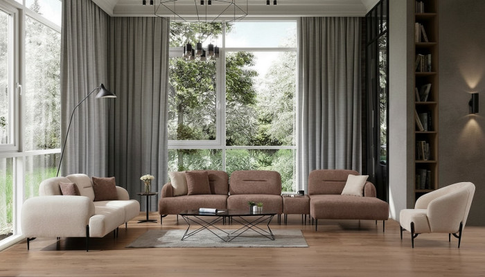 Modern brown and white sofa set 3-seater fabric armchair L-shaped corner sofa