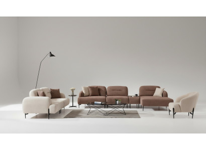 Modern brown and white sofa set 3-seater fabric armchair L-shaped corner sofa