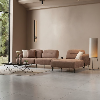 Brown living room sectional designer upholstered landscape L-shaped couch