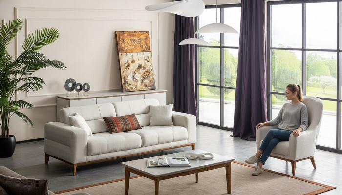 White Exclusive Living Room Textile Suite 3-Seater Luxury Armchair 2-piece Set