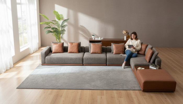 Gray living room seating landscape corner suite designer fabric sofa