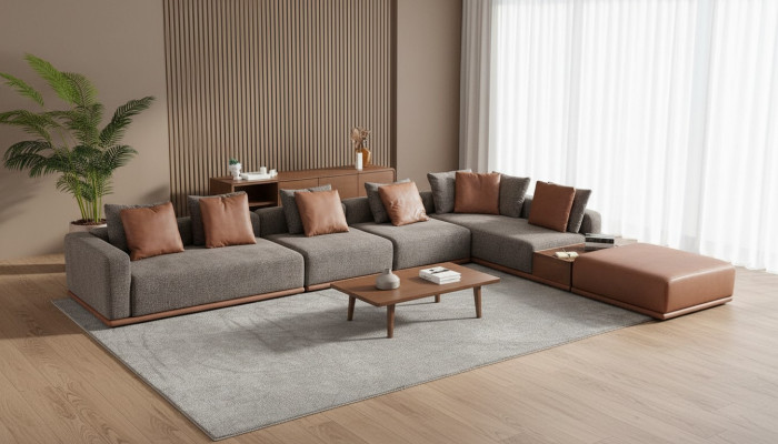 Gray living room seating landscape corner suite designer fabric sofa