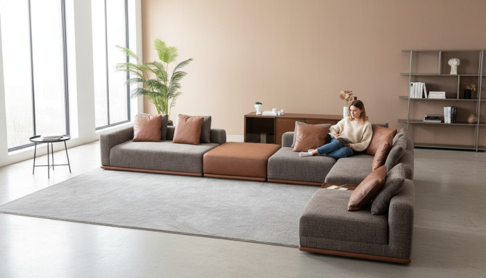Gray upholstered sofa, corner set, L-shaped corner sofa, modern fabric sofa, couch