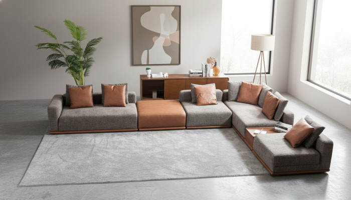 Gray upholstered sofa, corner set, L-shaped corner sofa, modern fabric sofa, couch
