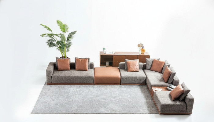 Gray upholstered sofa, corner set, L-shaped corner sofa, modern fabric sofa, couch