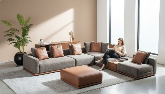 Designer Gray L-Shape Couch Living Room Corner Lounge with 2-Piece Ottoman