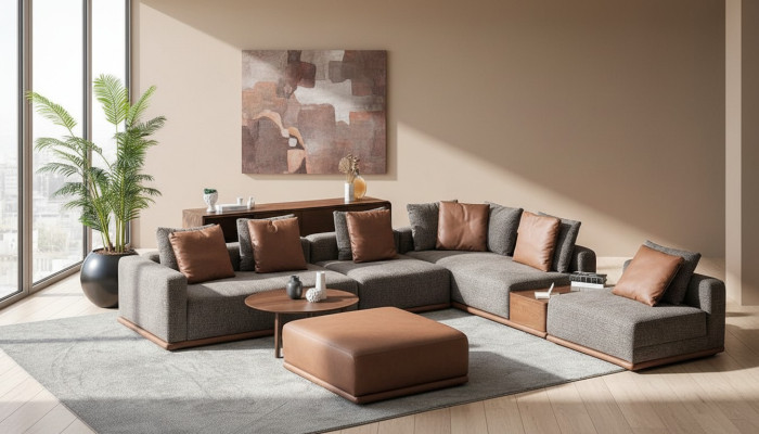 Designer Gray L-Shape Couch Living Room Corner Lounge with 2-Piece Ottoman