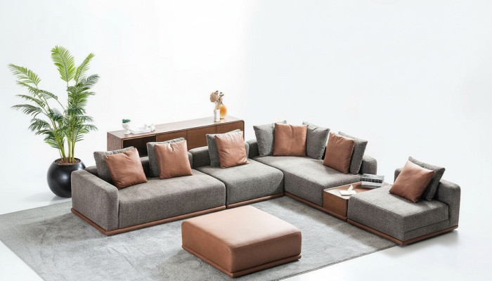 Designer Gray L-Shape Couch Living Room Corner Lounge with 2-Piece Ottoman