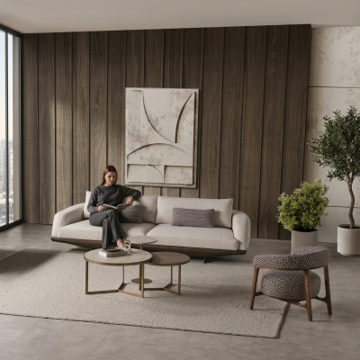 Living room seating set gray L-shaped sofa brown stool luxury furniture