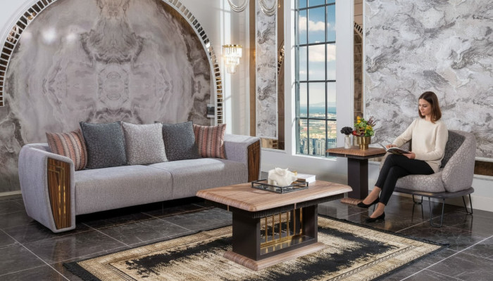 Gray Robust Sofa Set Upholstery Three-Seater Textile Armchair Sofa Set