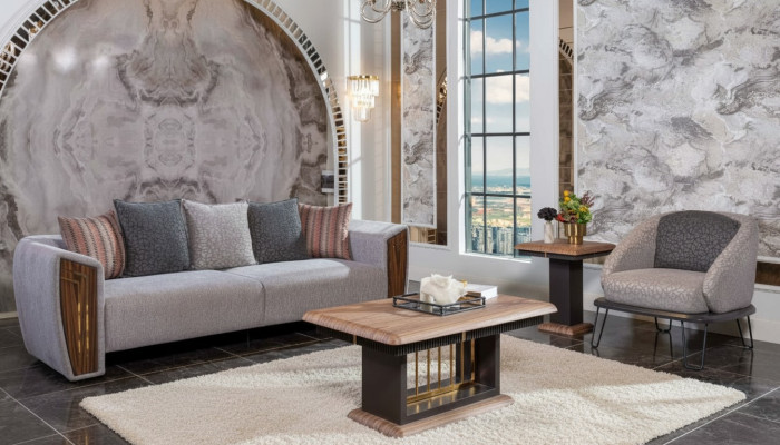 Gray Robust Sofa Set Upholstery Three-Seater Textile Armchair Sofa Set