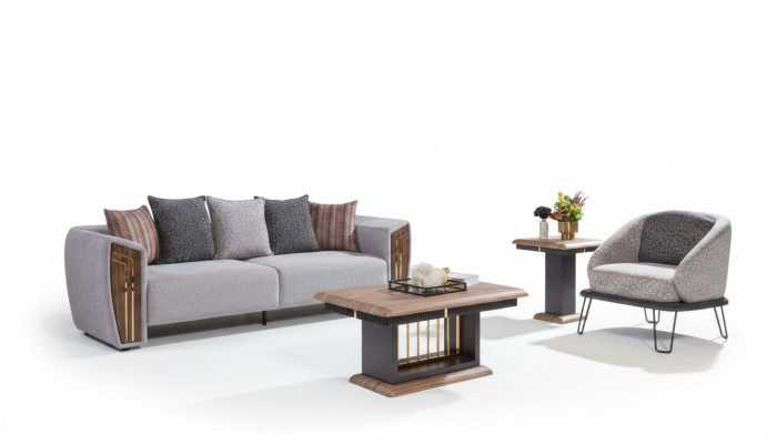 Gray Robust Sofa Set Upholstery Three-Seater Textile Armchair Sofa Set