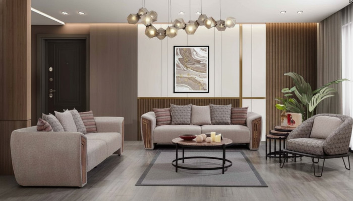 Beige living room upholstered sofa set three-seater armchair textile furniture