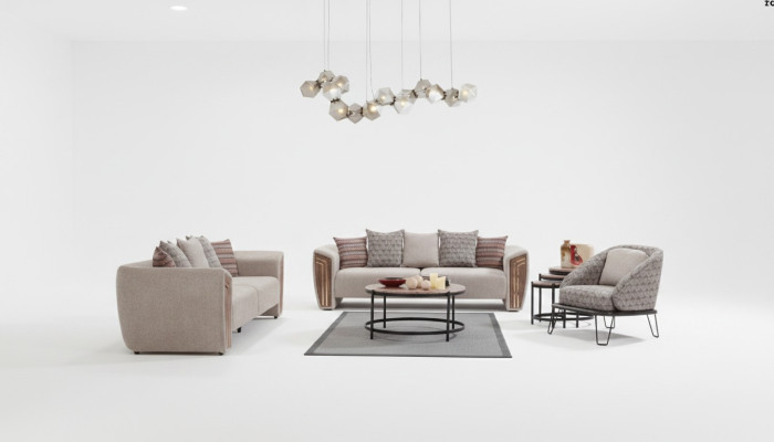 Beige living room upholstered sofa set three-seater armchair textile furniture