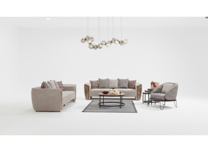 Beige living room upholstered sofa set three-seater armchair textile furniture