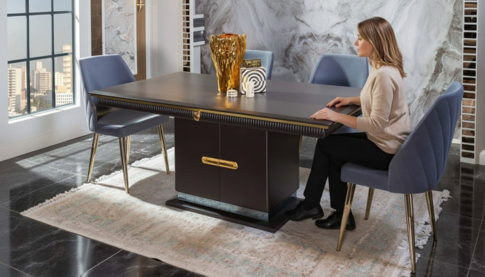 Luxurious Stainless Steel Dining Set Modern Dining Table 4x Upholstered Chairs